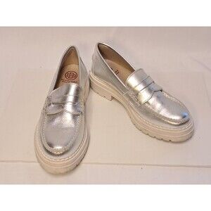Blublonc Size 36 EU/5.5 US Metallic Silver Loafer Slip On  White Lug Sole